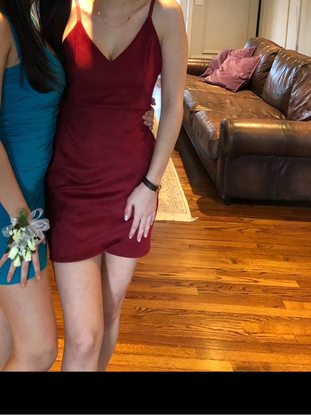 Suede Material Burgundy V-Neck Dress